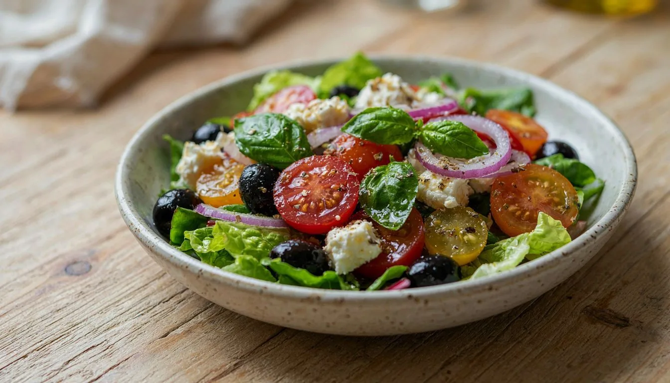 Domates ve Fesleğenli Akdeniz Yeşillikleri Salatası Tarifi