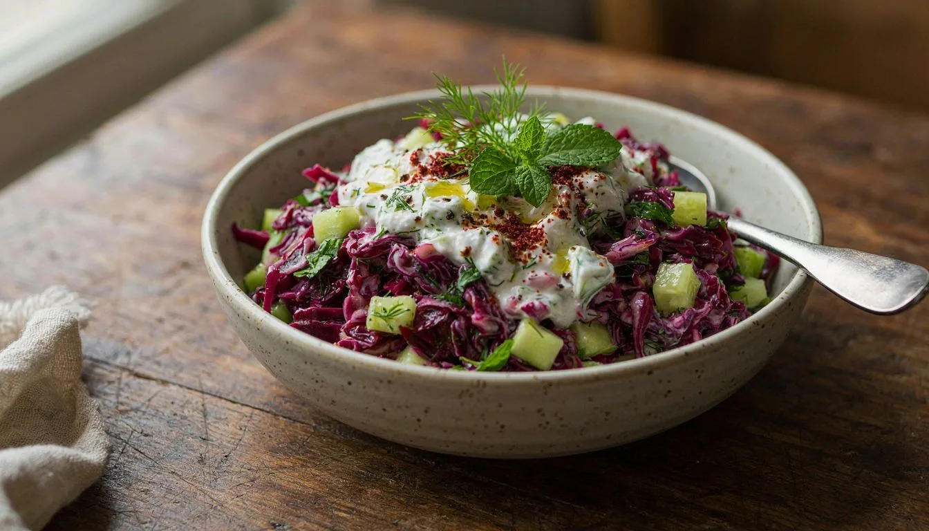 Salatalık ve Yoğurtlu Kırmızı Lahana Salatası Tarifi