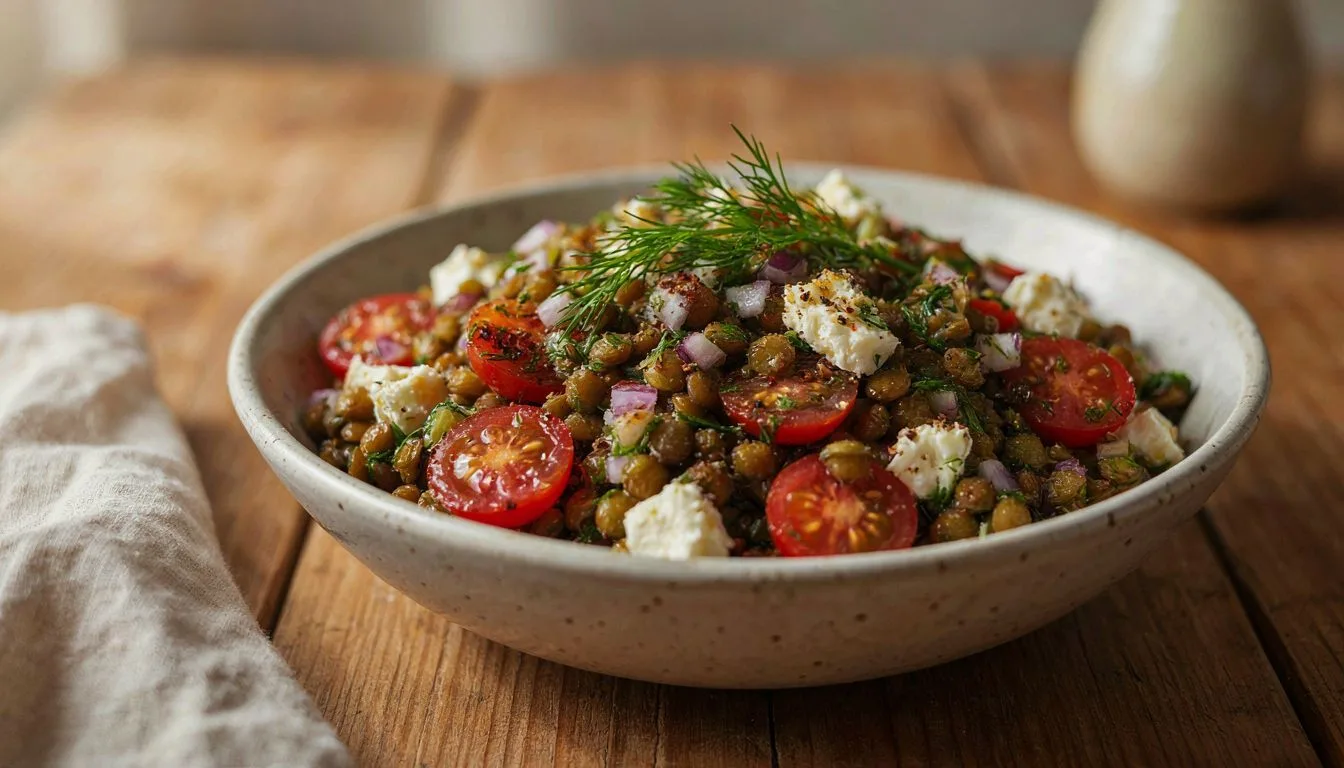 Beyaz Peynir ve Dereotlu Yeşil Mercimek Salatası Tarifi