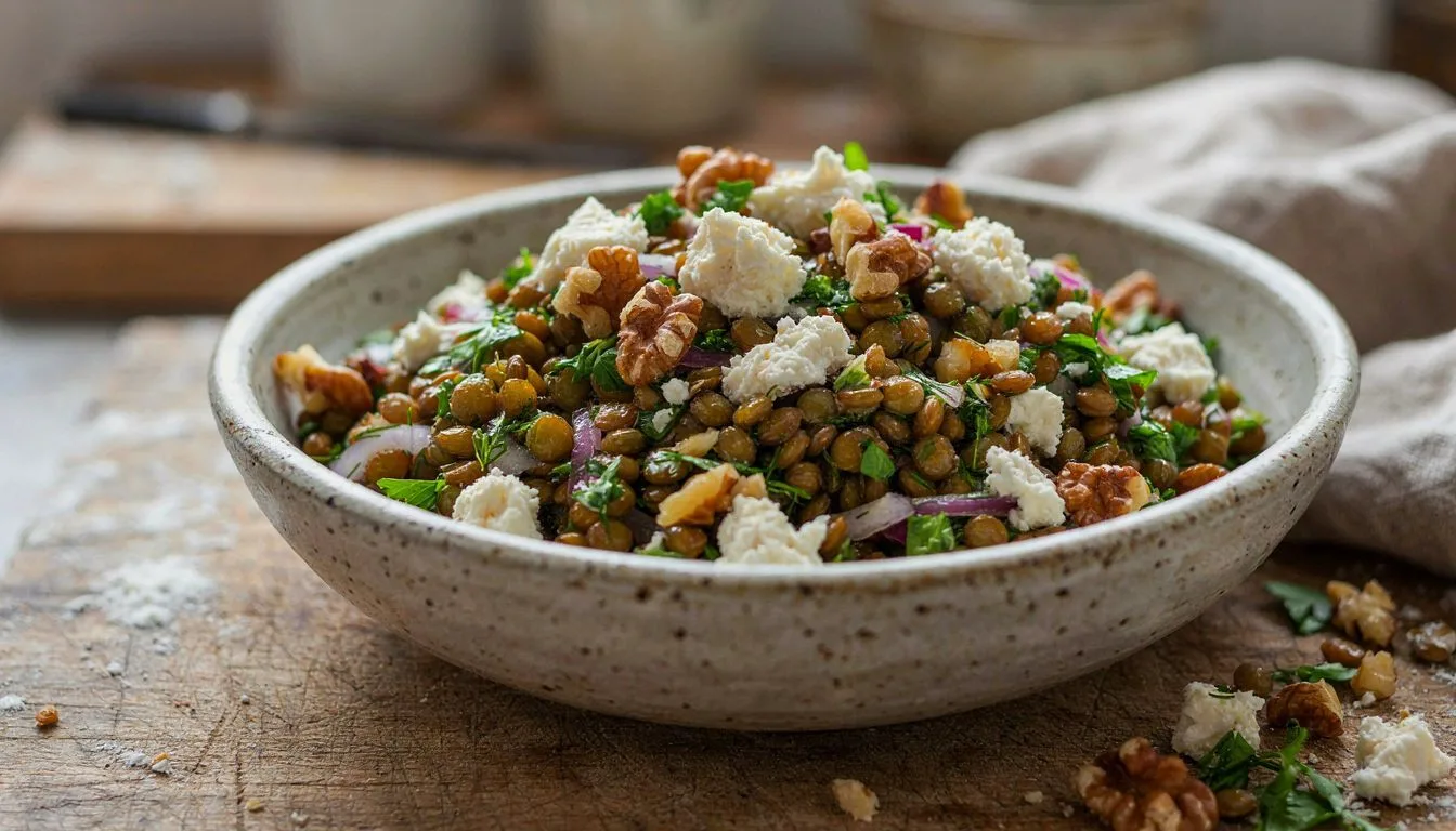 Keçi Peyniri ve Cevizli Yeşil Mercimek Salatası Tarifi