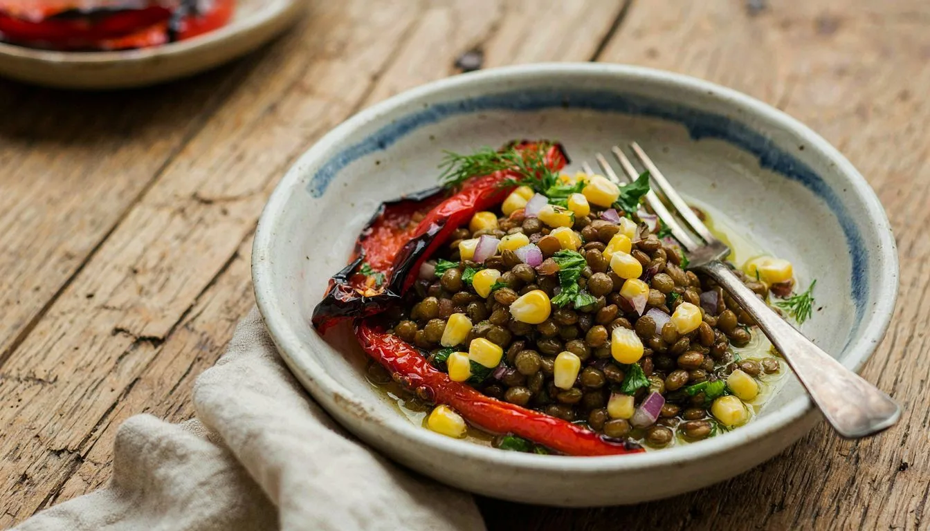Köz Biber ve Mısırlı Yeşil Mercimek Salatası Tarifi